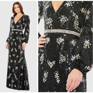 Mac Duggal 93616 Black Size 18 Embellished Wrap Over Gown Bishop Sleeve NWT$1598